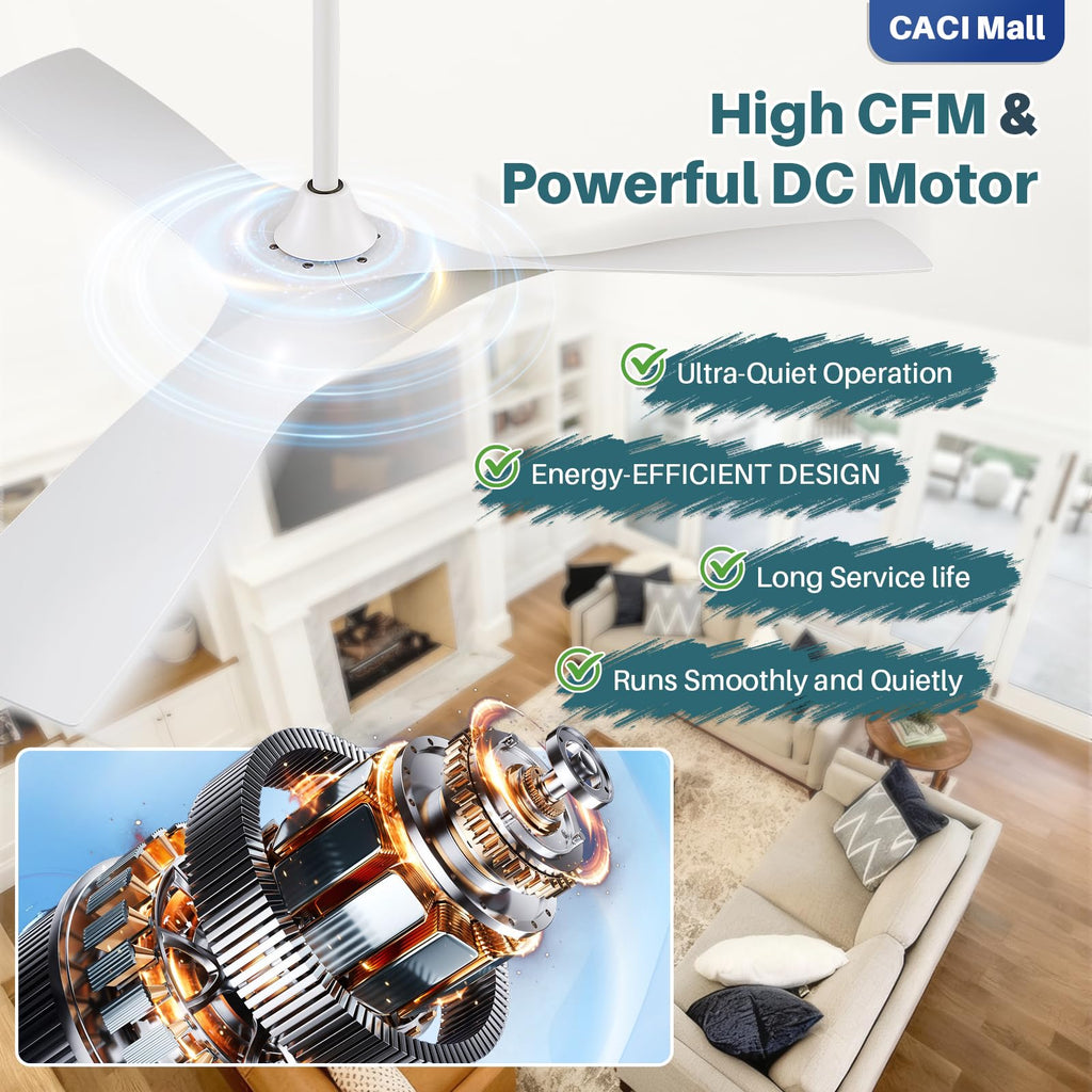 52 Inch Propeller Ceiling Fan No Light, Remote Control, 6 Speeds Quite DC Motor, 3 ABS Blades, Indoor Outdoor Ceiling