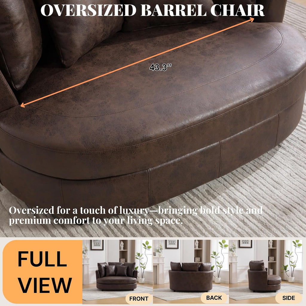 54.9''W Oversized Accent Barrel Chair, Upholstered Faux Leather Comfy Couch Sofa with 5 Pillows, Studio, Brown.