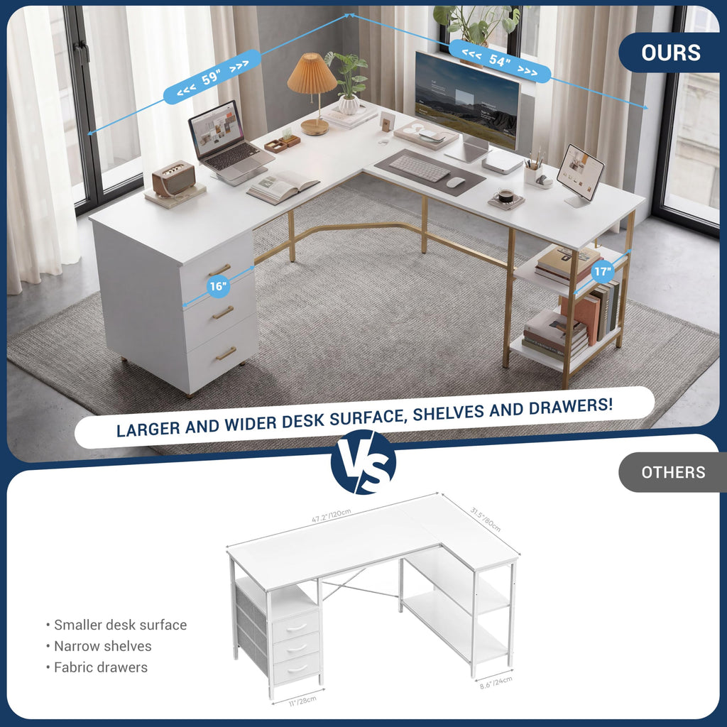 59" Two-Tone L‐Shaped Office Desk with Storage Shelves, Gold