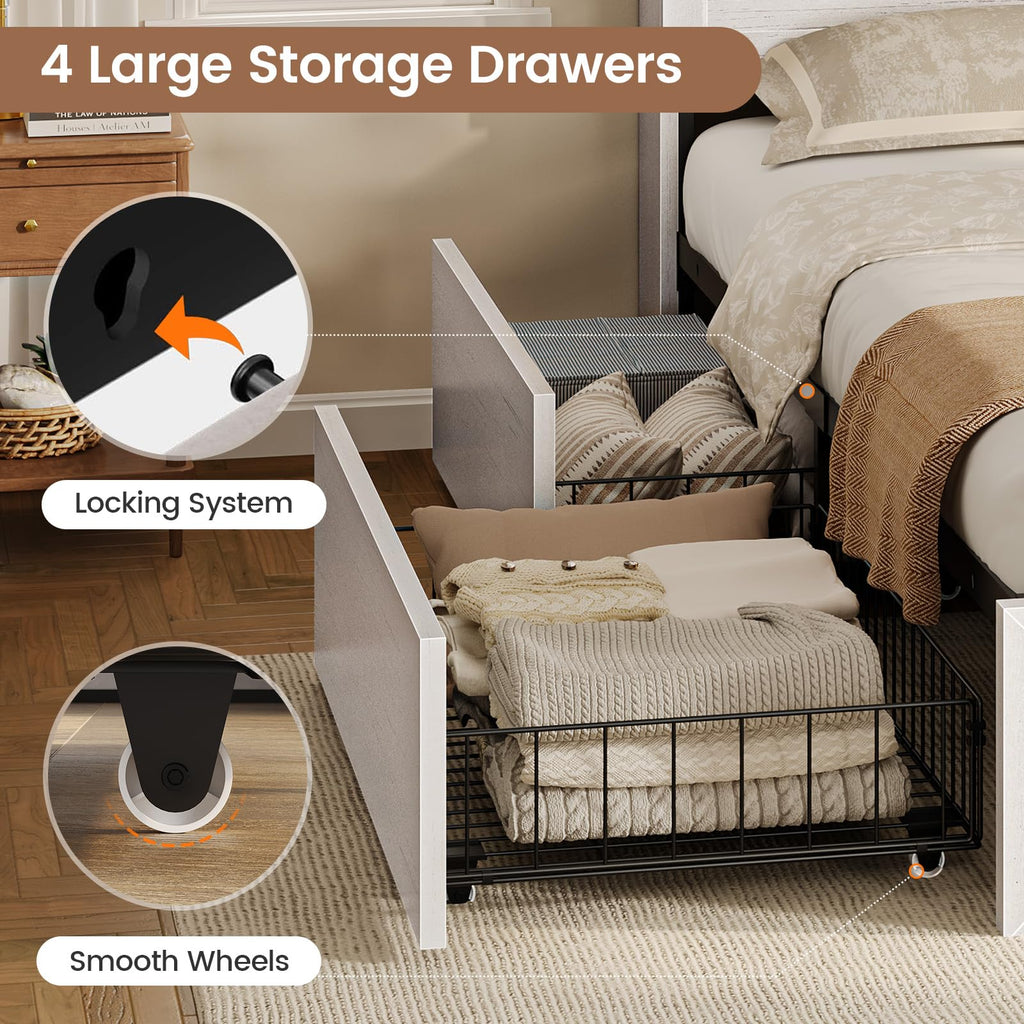 Bed Frame with Headboard and Storage Cabinets, Farmhouse Bed Frame with Charging Station and LED