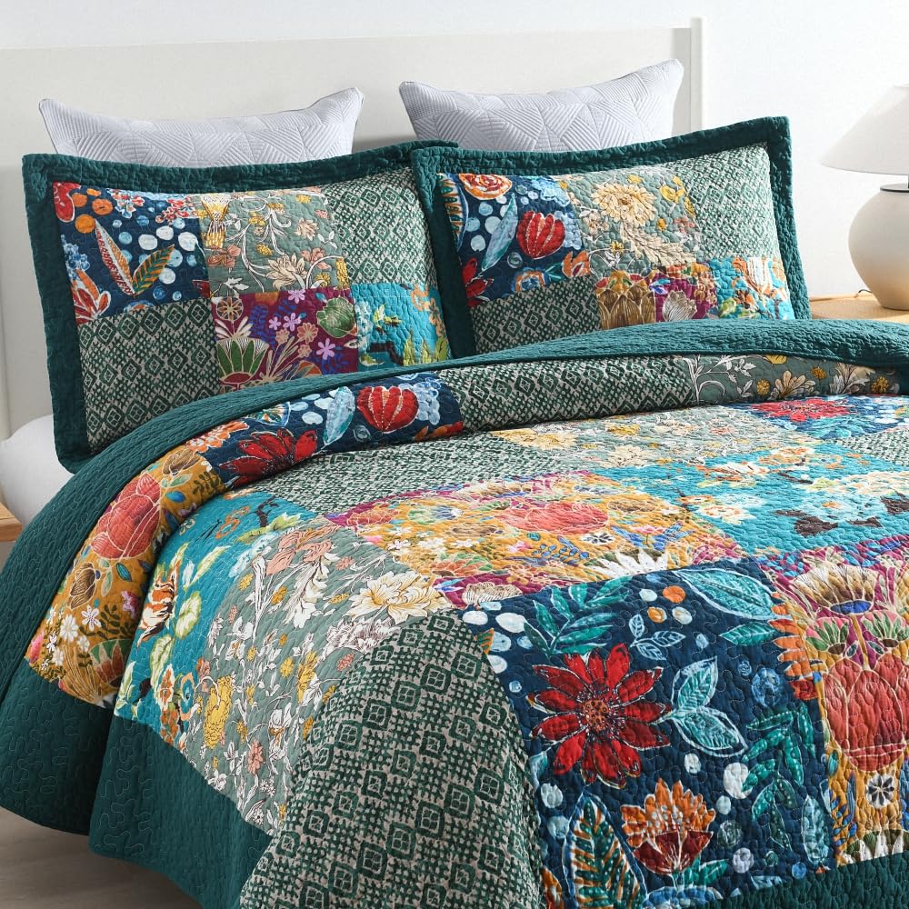 Cotton Bedspread Quilt Sets Reversible Bedding Coverlet Sets Comforter, Vintage Floral Patchwork Turquoise Bedspread