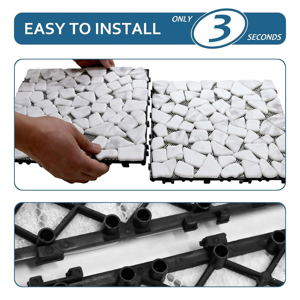 4PCS Natural Pebble Interlocking Deck Tiles, 12" x 12" Recycled Glass Marble Looks Waterproof Patio Deck, Outdoor &
