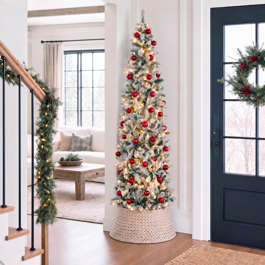 Flocked Pencil Christmas Tree w/Twinkling LEDs, Pre-Lit Slim Artificial Holiday Decoration, Lighted Skinny