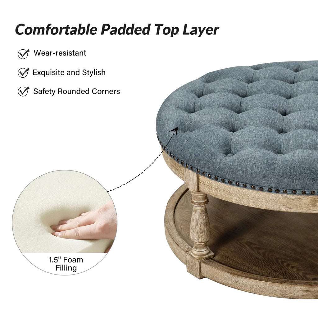 Round Ottoman Coffee Table, 2-Tier Large Button Tufted Ottoman Footrest, with Wood Shelf Storage Farmhouse