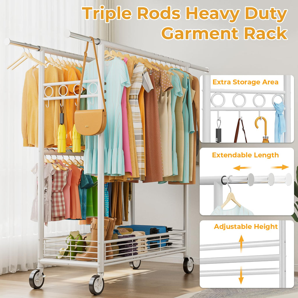 Heavy Duty Clothes Rack Load 960LBS, Three Rods Rolling Clothing Racks for Hanging Clothes, Rolling Garment Rack With