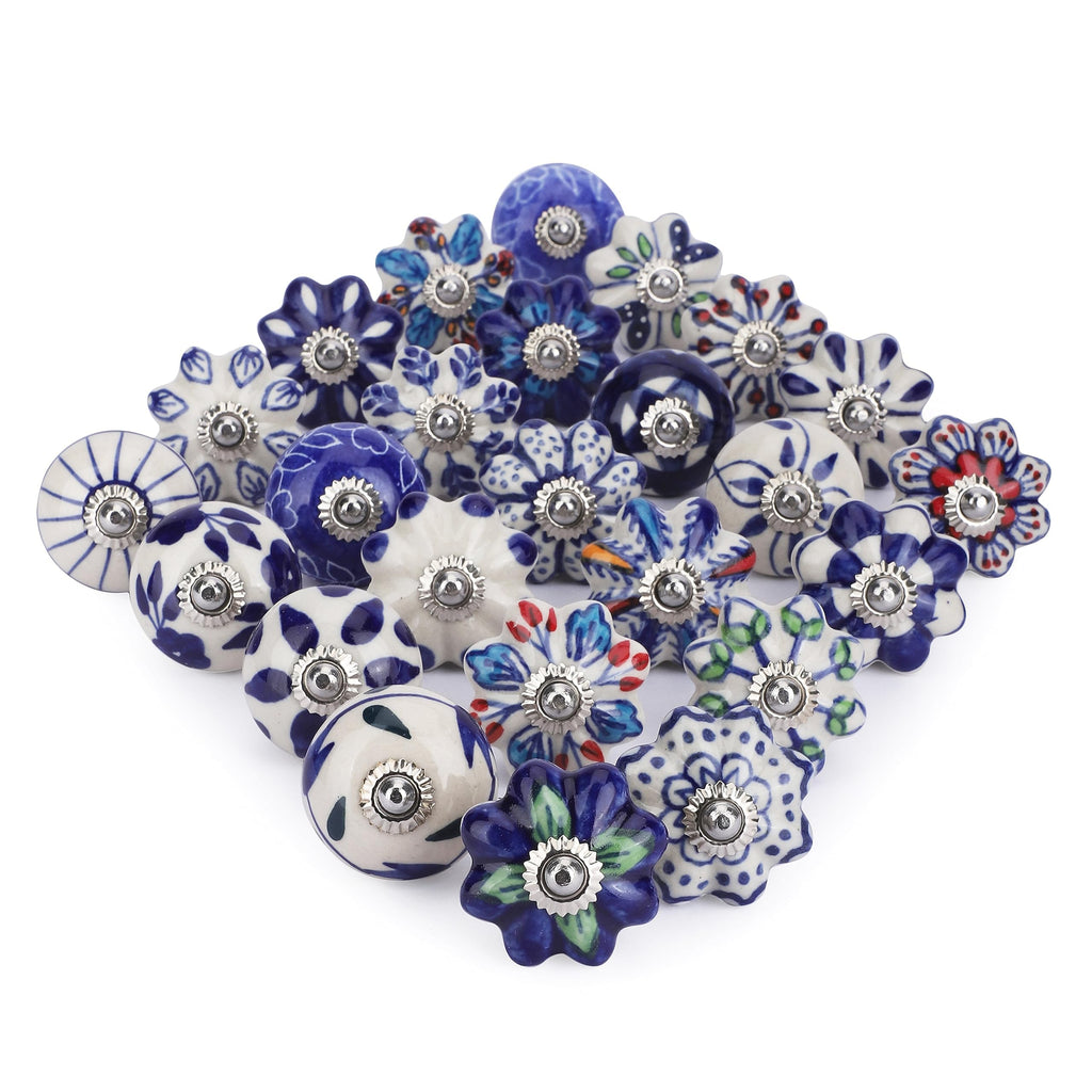 Set of 20 Ceramic Knobs Colorful Blue Cabinets Cupboards