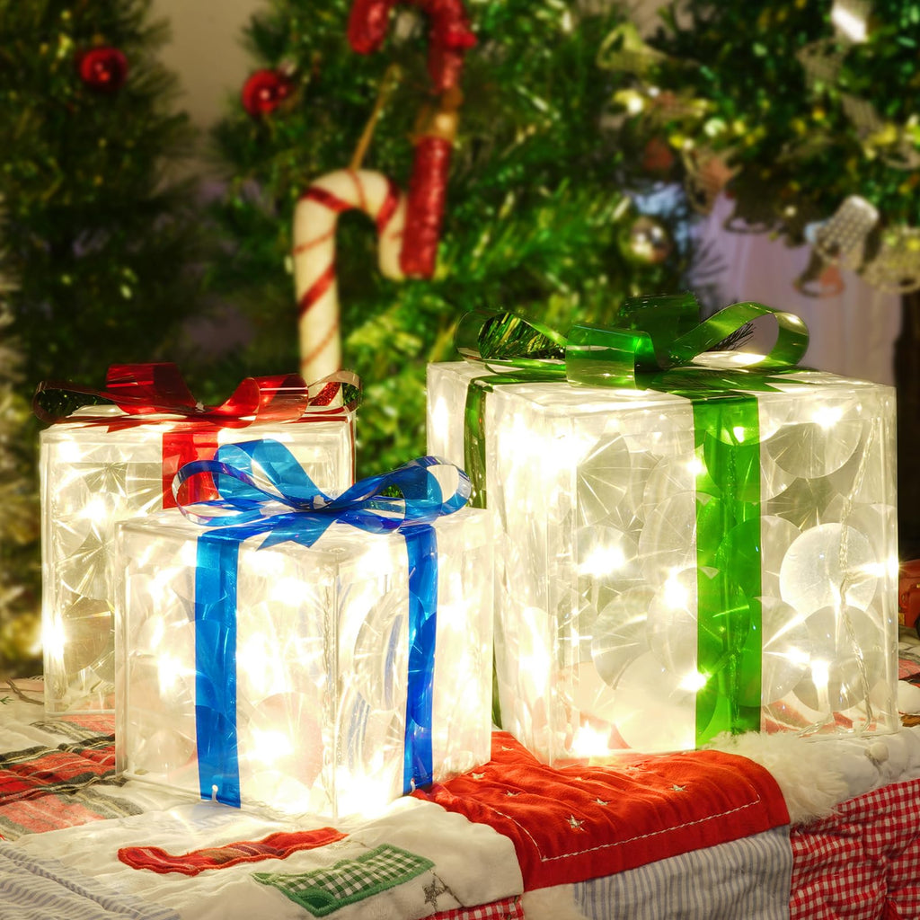 Set of 3 Christmas Lighted Gift Boxes, 60 LED Light Up Present Boxes for Christmas Decorations Indoor Outdoor Yard