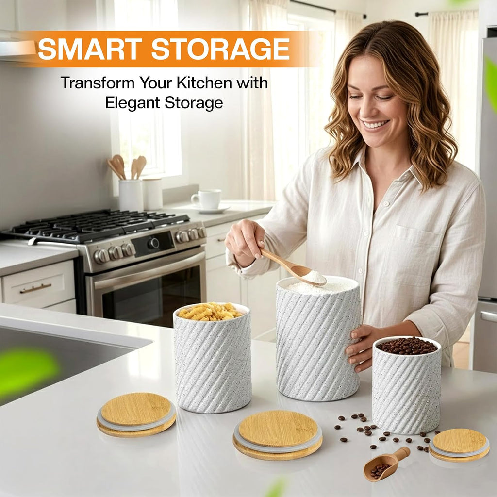 Flour Sugar Storage Containers - Ceramic Canister with Airtight Bamboo Lids Counter - 80, 40 & 20 oz, White - Set of 3