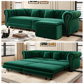 89" King Size Sleeper Sofa Bed, 3-in-1 Convertible Pull Out Chesterfield Sleeper Couch with Ottoman, Oversized Velvet