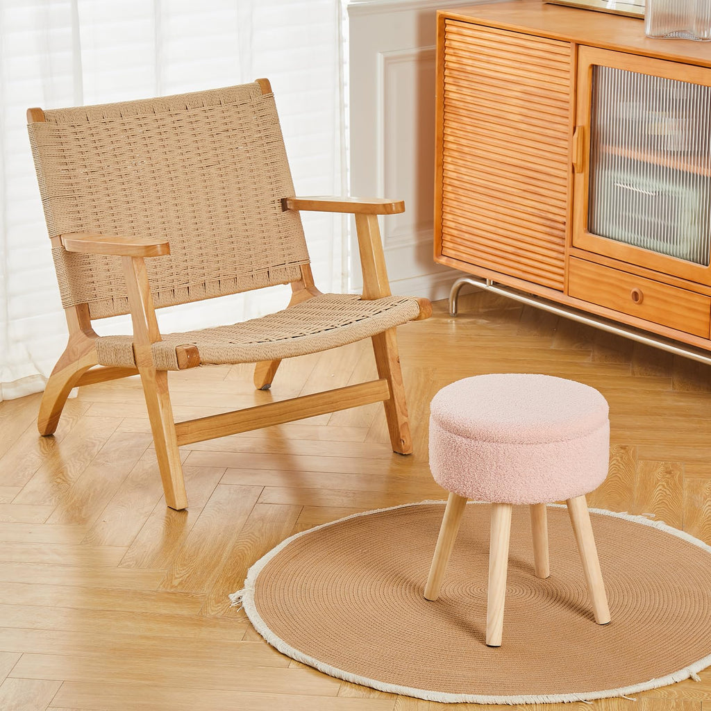 Storage Ottoman Foot Stool Teddy Velvet Round Vanity Stool Tray Top Footstool with Wood Legs Upholstered Foot Rest