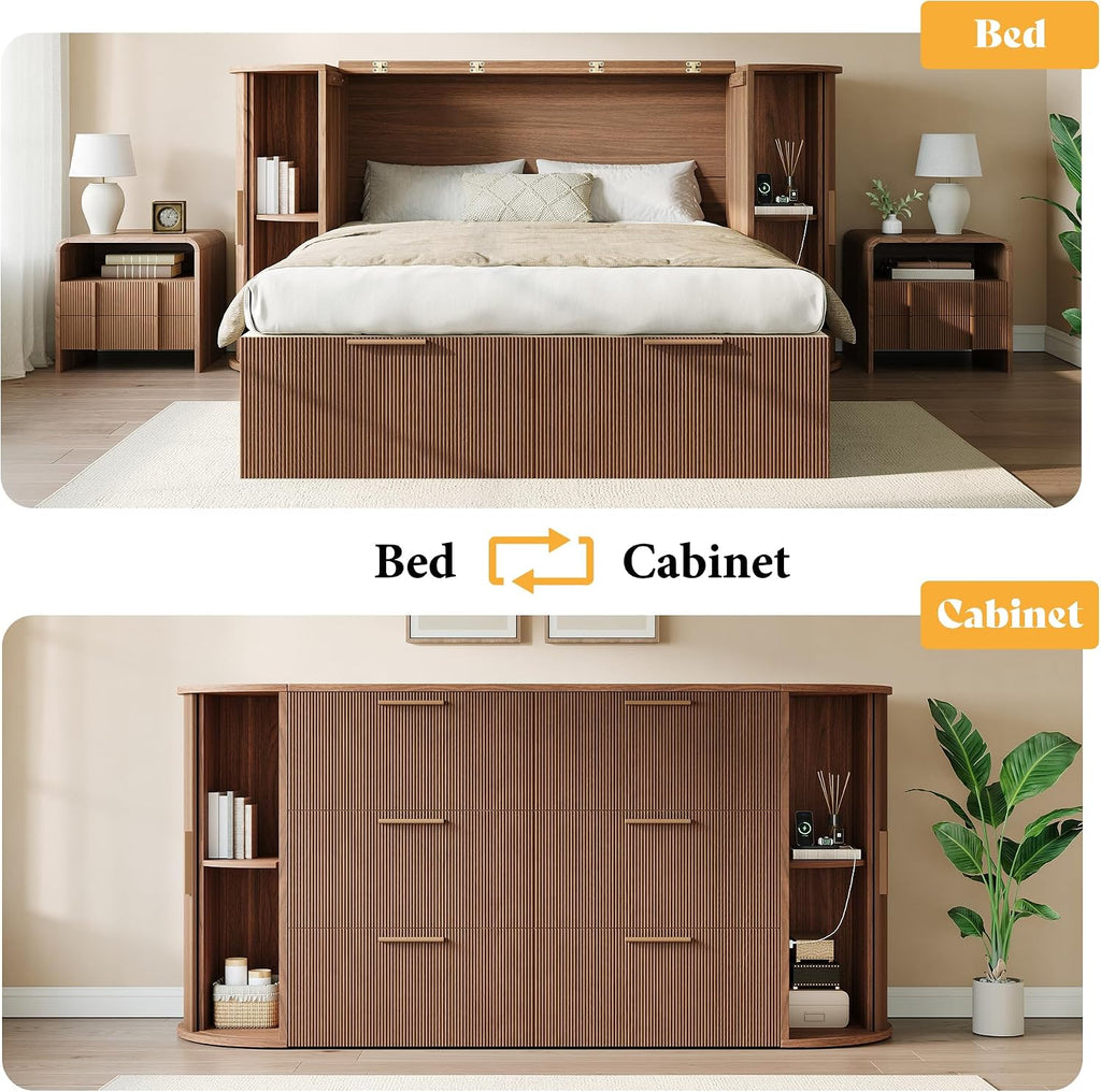 Full Murphy Bed with Storage Bedside Shelves & Sliding Tambour Door, Modern Cabinet Bed with Charging Station &