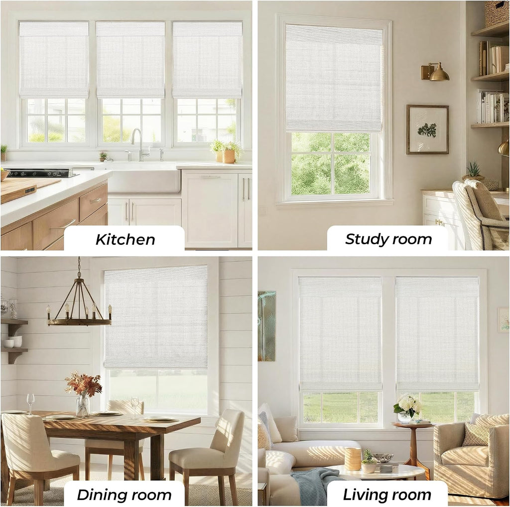 No Drill Cordless Bamboo Roman Shades, 33.5×64 in, Off White | Natural material, Light Filtering, Easy Install