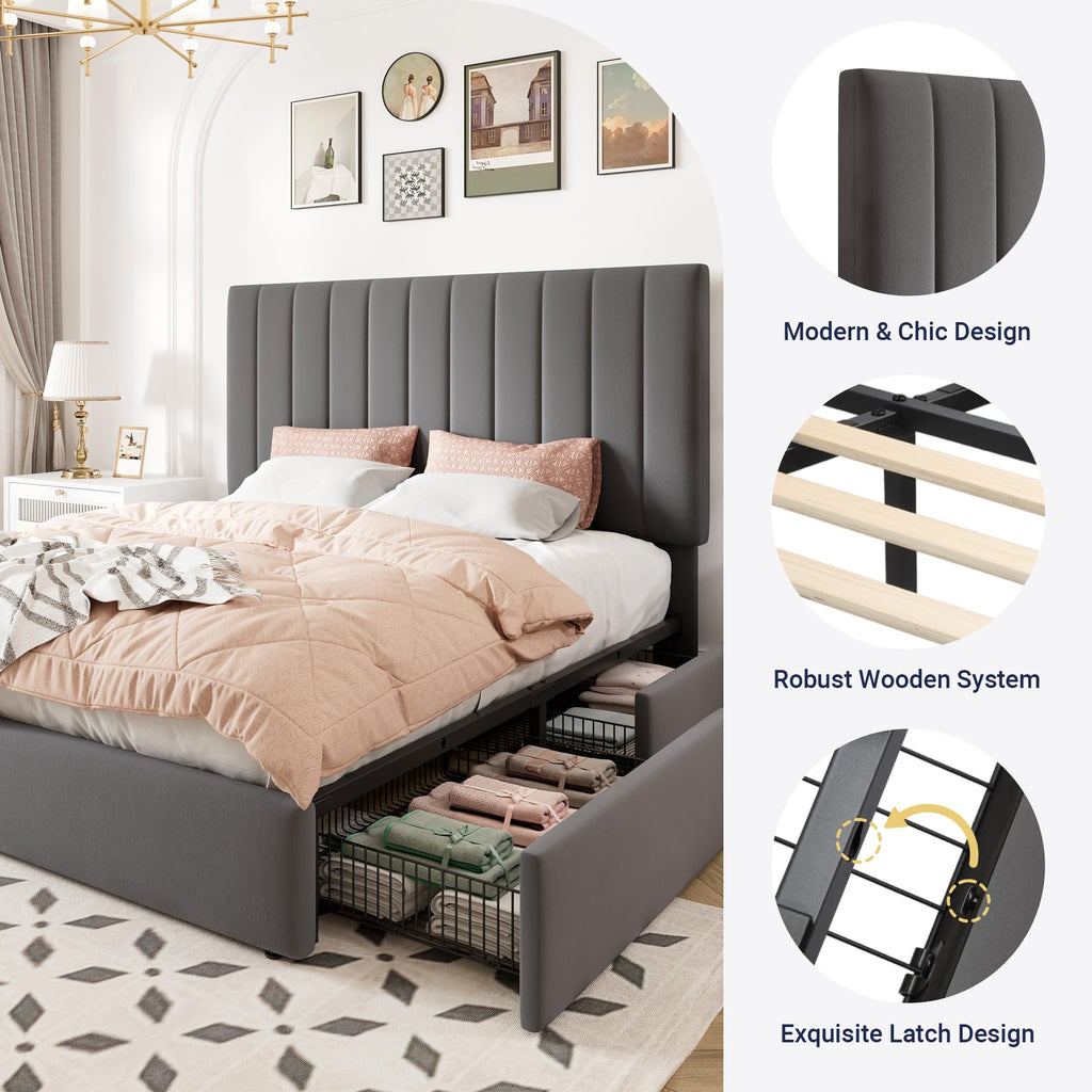 Queen Size Storage Bed Frame, Vertical Channel Tufted Adjustable Headboard, Velvet Upholstered Platform Bed with 4