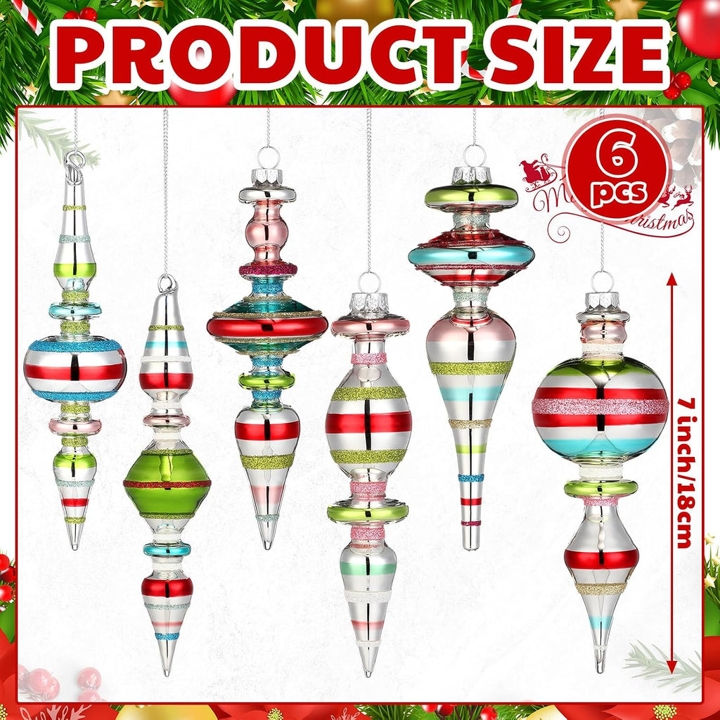6 Pcs Vintage Glass Finial Christmas Ornaments Classic 6-6.8 Inch