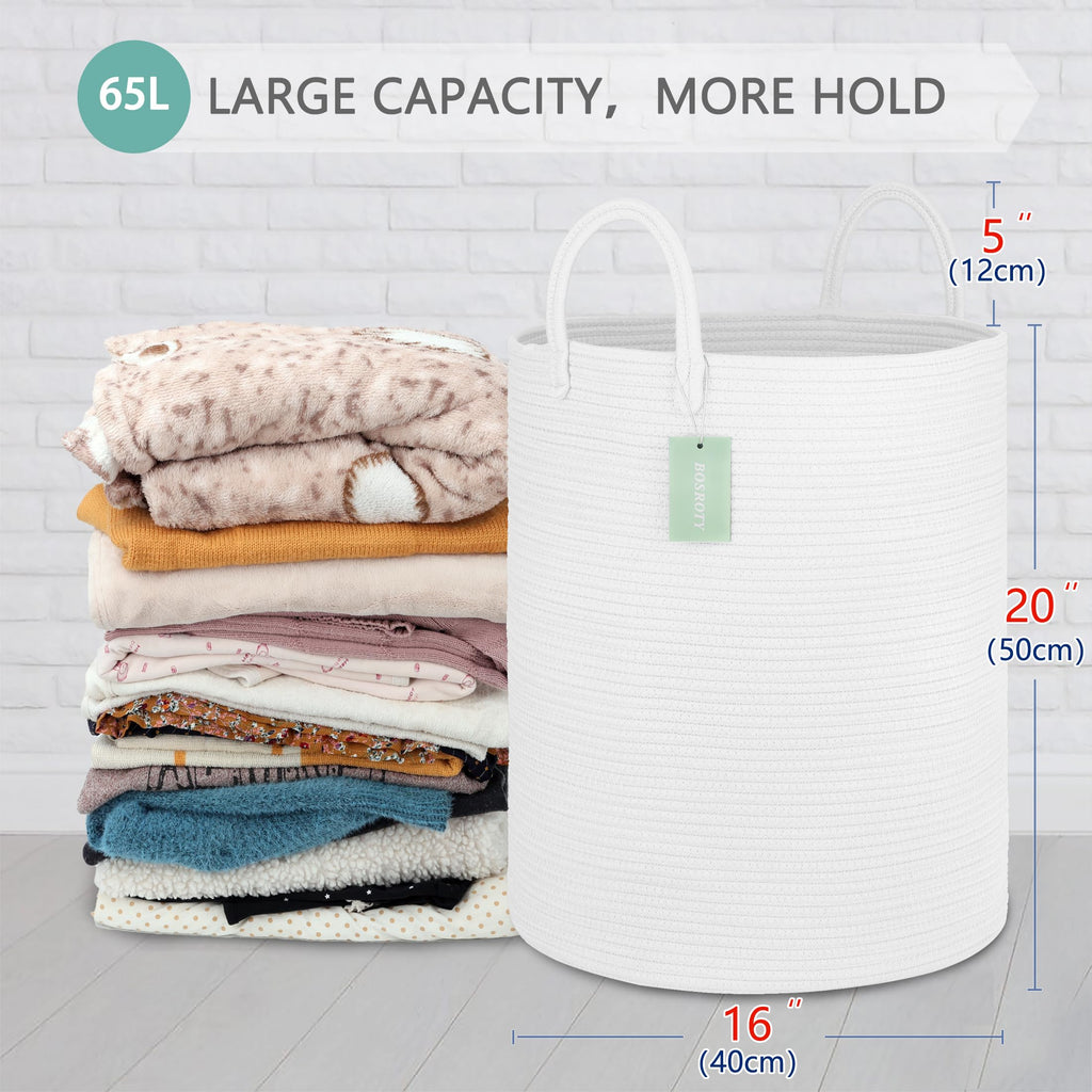 Large Cotton Rope Laundry Hamper for Girls Boys Kids 65L, White