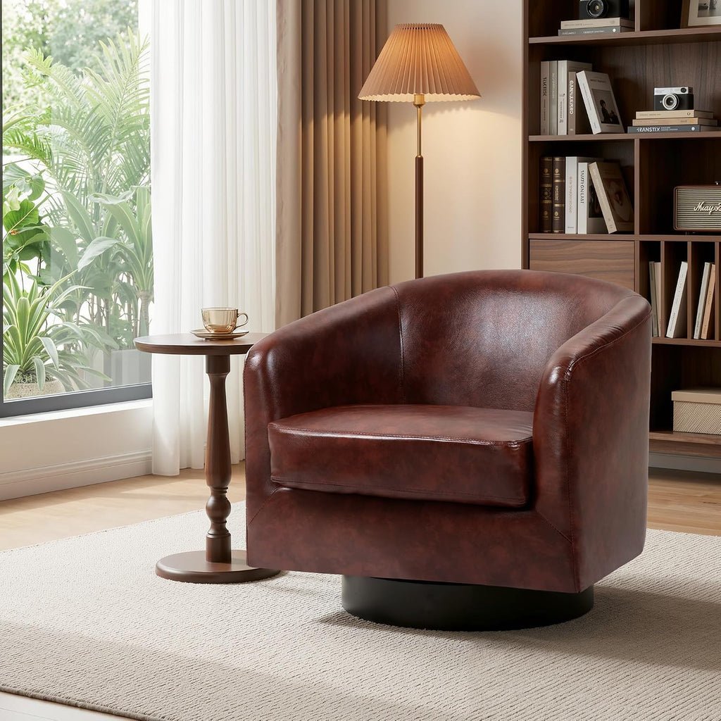 Faux Leather Swivel Accent Chair, Barrel Club Armchair, Red Brown