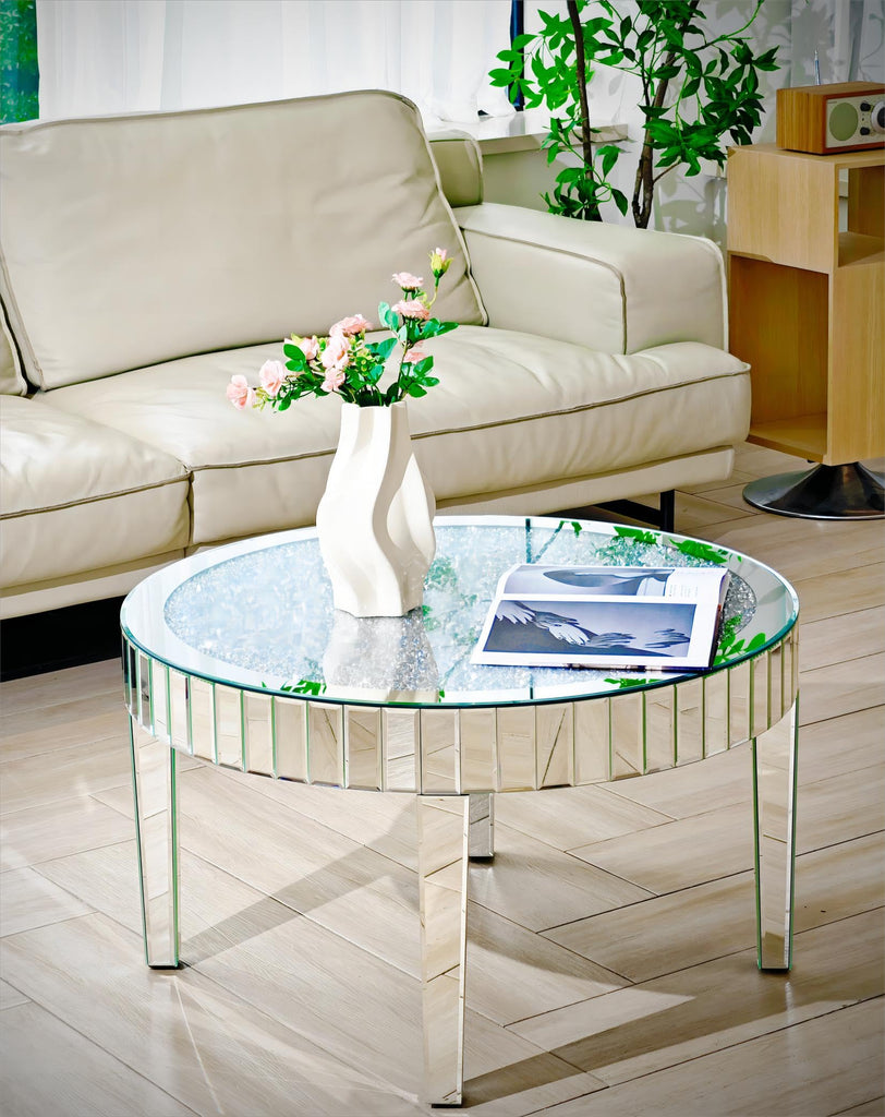 Silver Mirrored Coffee Table: 31.5in Round Crushed Diamond Tabletop