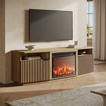 Fluted TV Stand with 23" Electric Fireplace Heater with Sound, 68" Entertainment Center for TV Up to 75", Media