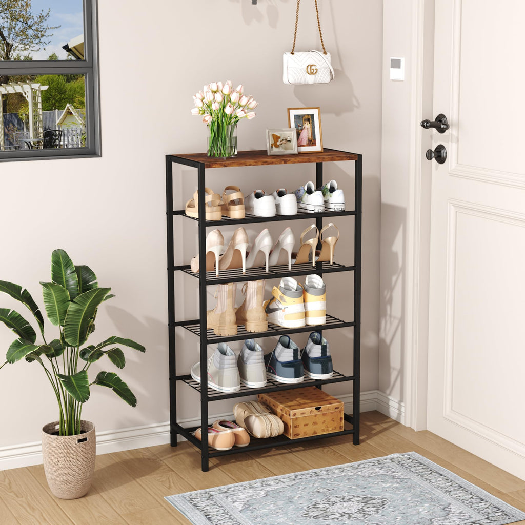 Shoe Rack 6-Tier, Shoe Storage Shelf, Industrial Shoe Tower, Narrow Shoe Organizer for Closet Entryway, Small Shoe