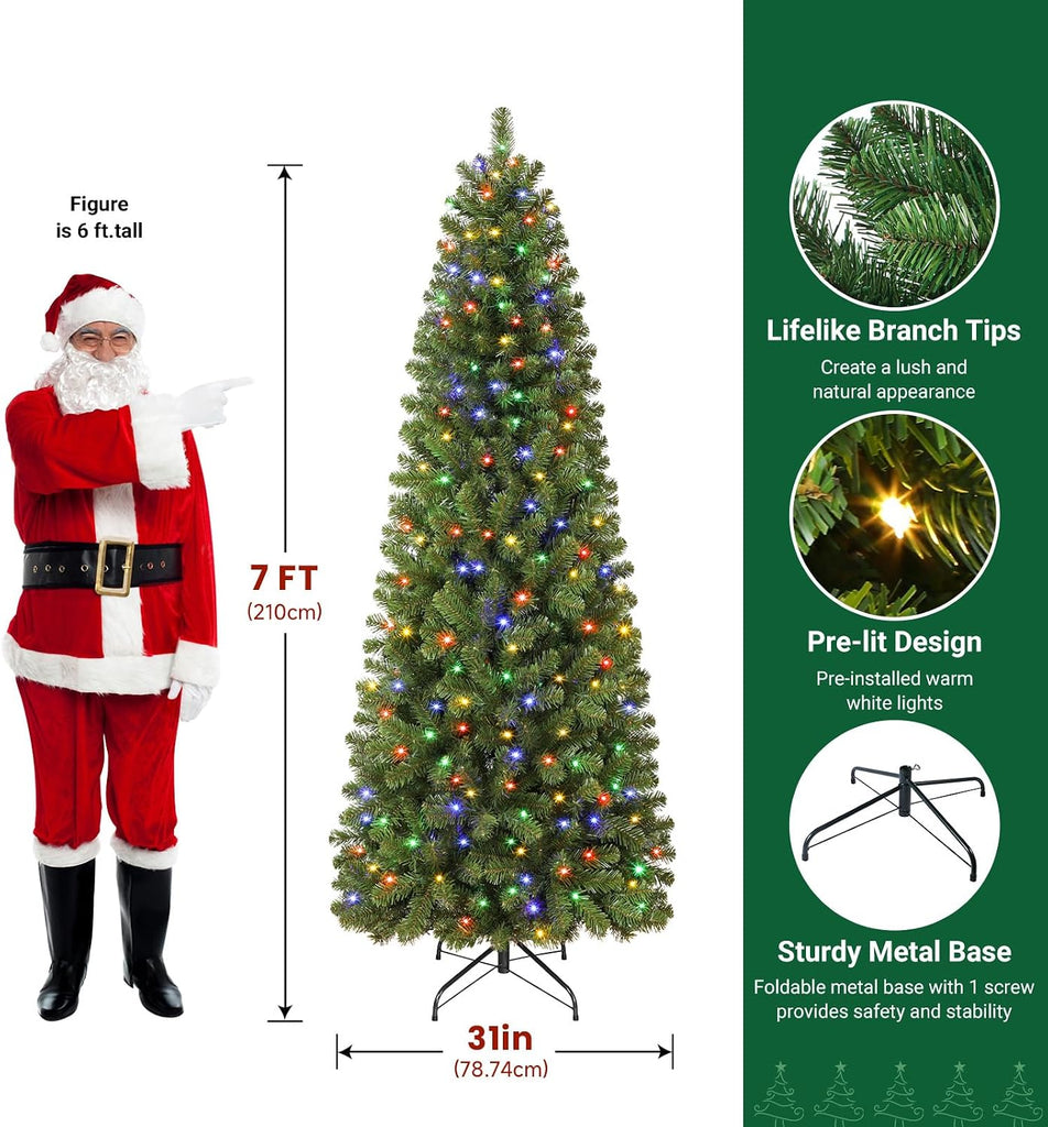 Prelit Pencil Hinged Christmas Tree with Multi-Color Lights
