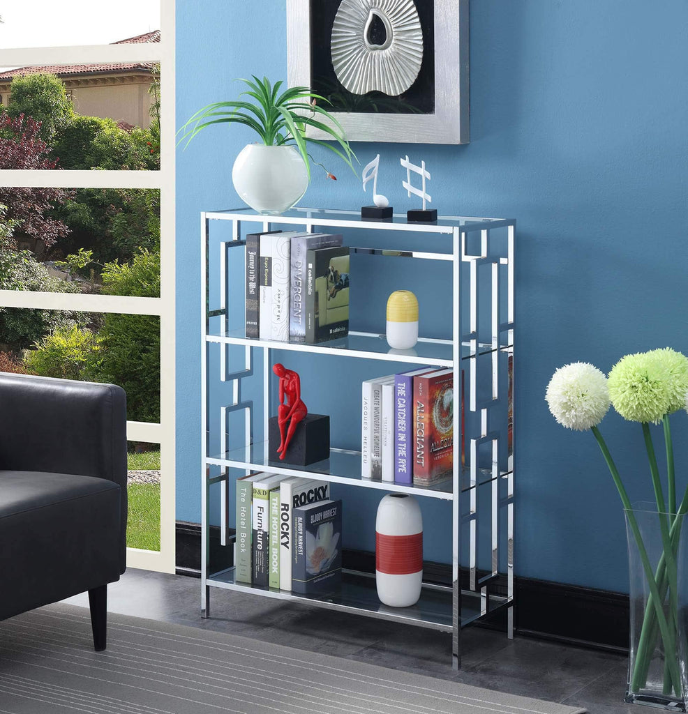 Town Square Chrome 4 Tier Bookcase, Clear Glass / Chrome Frame