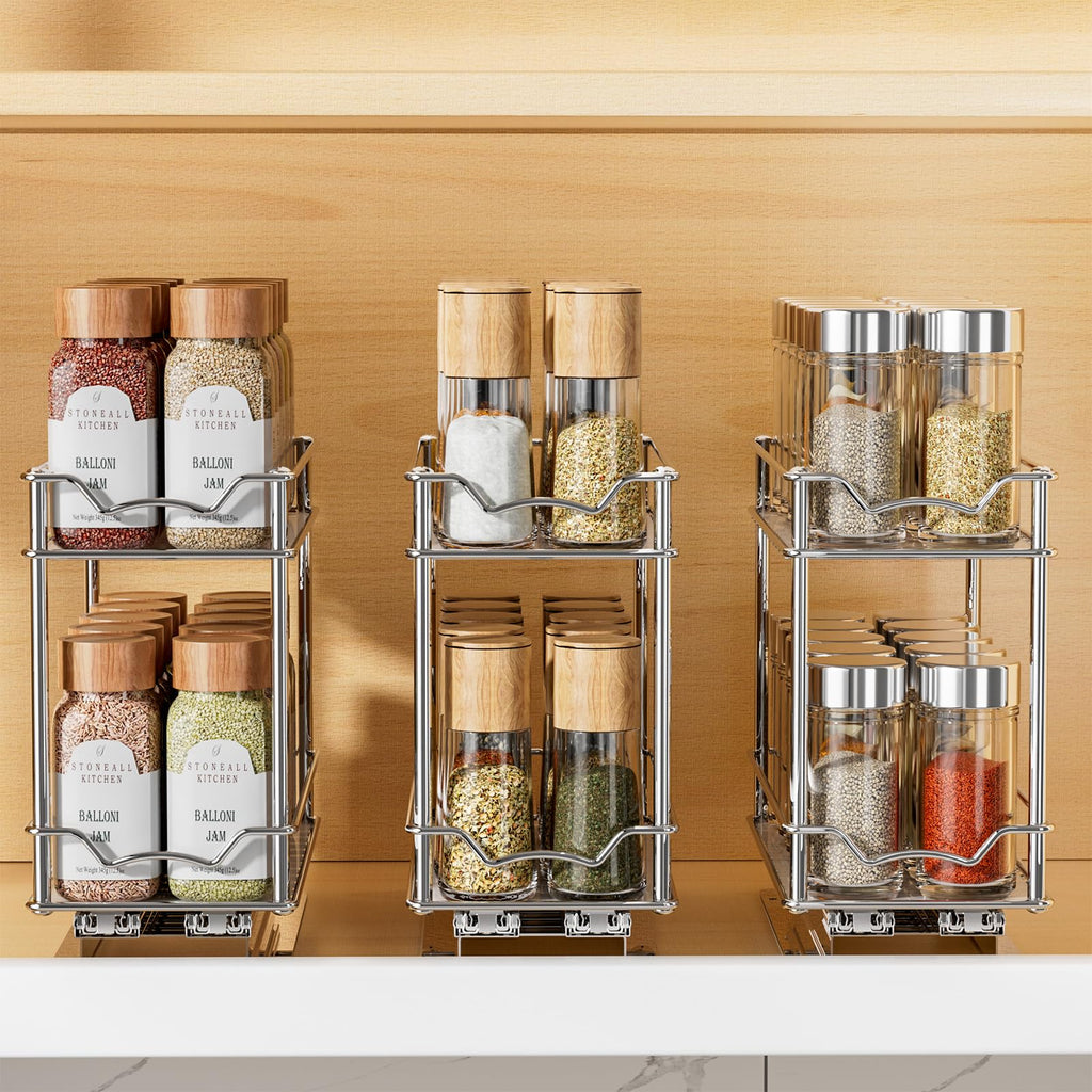 Pull Out Spice Rack for Inside Cabinet, 2 Tier Chrome Spice Organization for Cabinet, Vertical Sliding Out Spice Rack