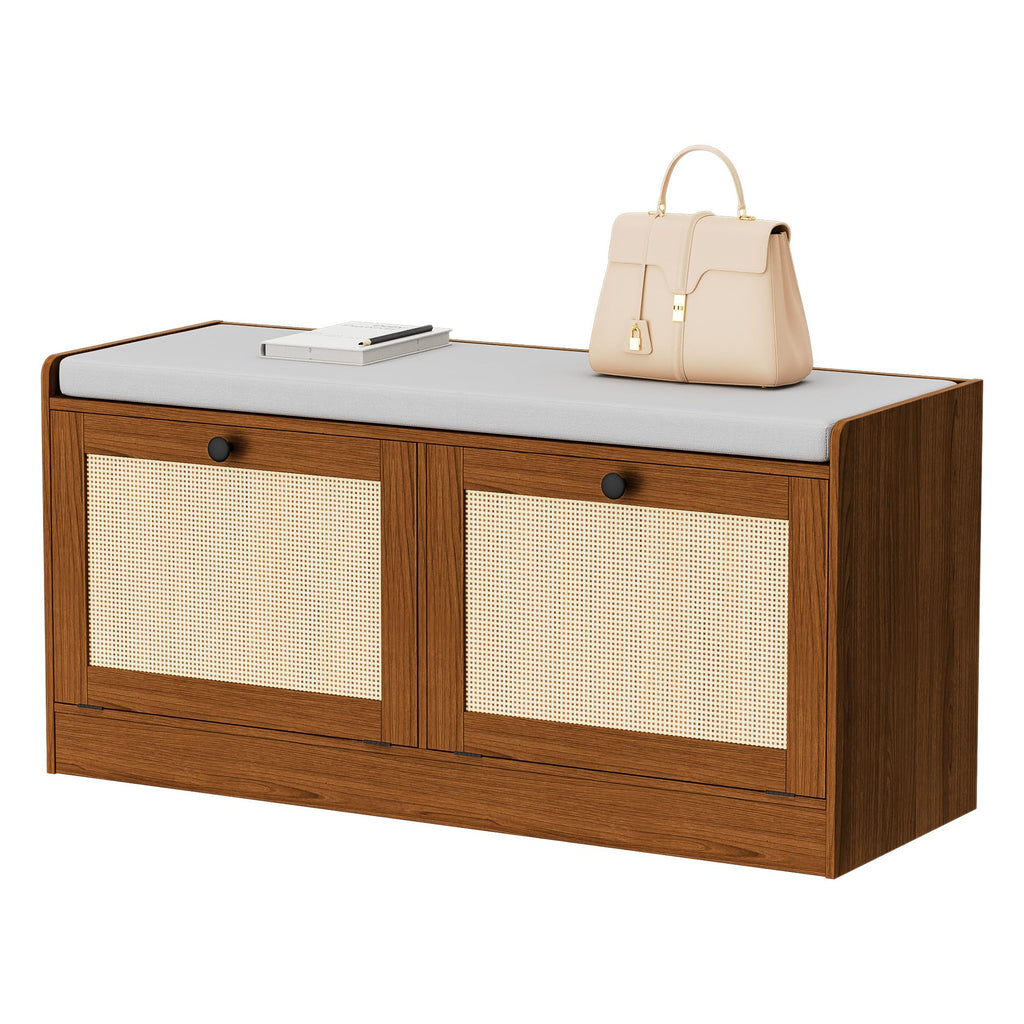 Rattan Shoe Bench - Boho Bench with Storage Cabinets and Seat Cushion - Wooden Storage Bench Fits up to Size 16, Brown
