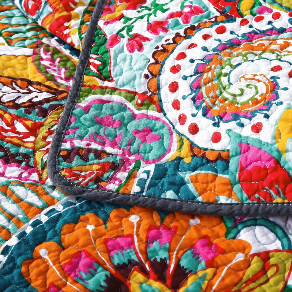 King Quilt Bedding Set, 100% Cotton Boho Bedspread, Vibrant Colorful Gorgeous Paisley Print Coverlet for Living
