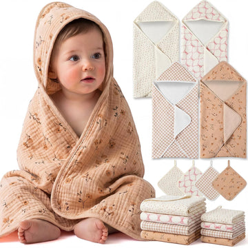 8 Pcs Organic Cotton Muslin Baby Hooded Towels Set with Washcloths
