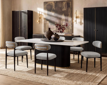 Marble Dining Table Set for 6, 70" Kitchen Table with White Rectangle Top and Black Fluted Base, 6 Modern Upholstered