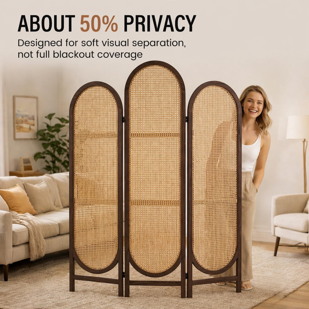 3 Panel Rattan Room Divider Screen, Boho Folding Privacy Screen