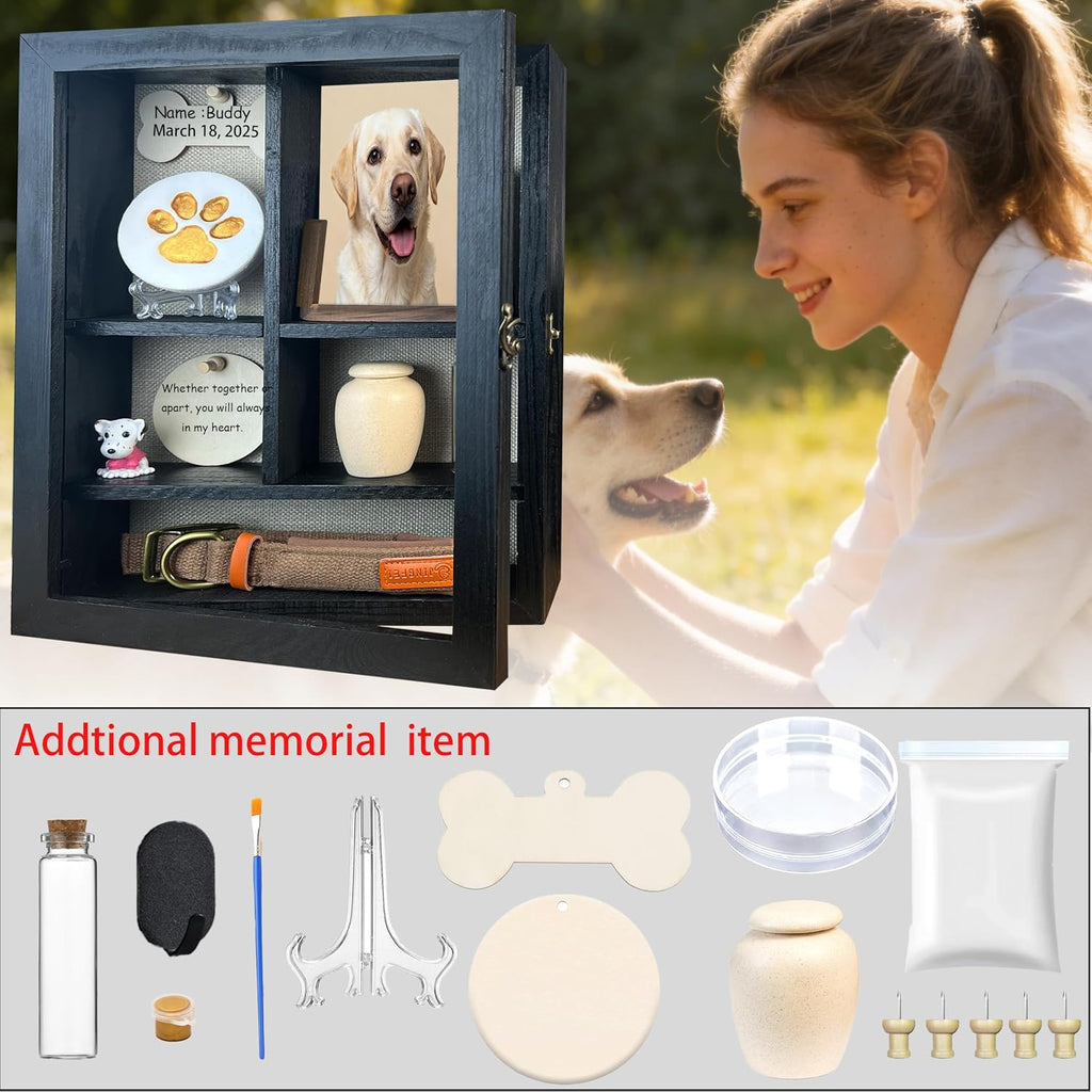 Solid Wood 11x14 Pet Memorial Shadow Box Frame with Adjustable Shelves Paw Print Kit Pet Urn Ashes Display Case Black