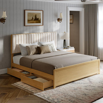 Wooden King Bed Frame with Storage Drawers, Natural Grain Wood