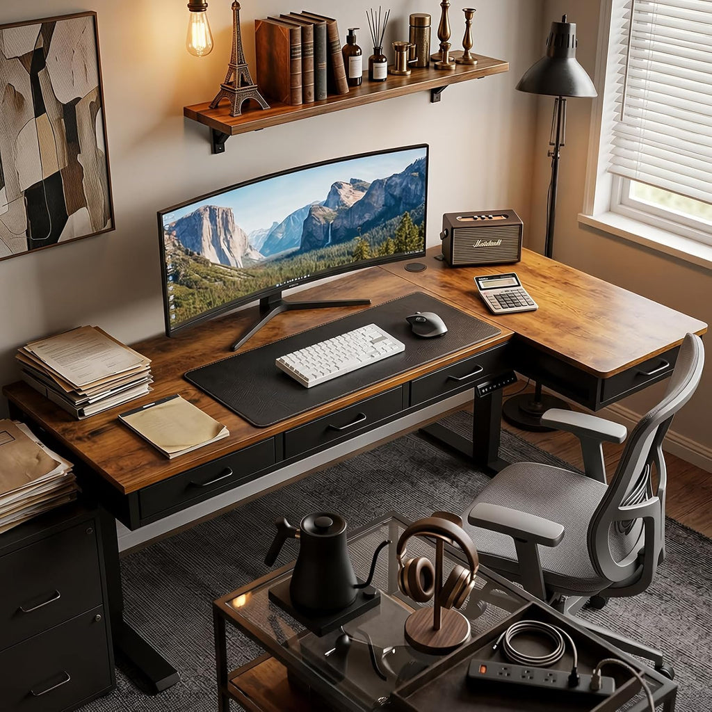 63 Inch L Shaped Electric Standing Desk with 4 Drawers, Rustic Brown | Reversible Corner Table, Office Desk With 4