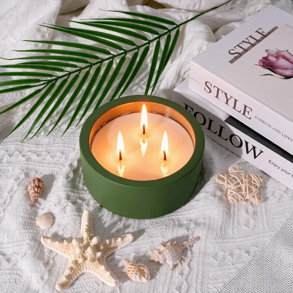 20oz Large Fall Decorative Candle - Eucalyptus & Rosemary, 3 Wick Non Toxic Soy Candle for Women & Men, Matte Green