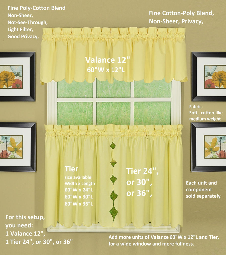 Orleans Scallop Curtain, Buttercup 30" Tier Pair and Tieback, 60" W x 30" L, Buttercup