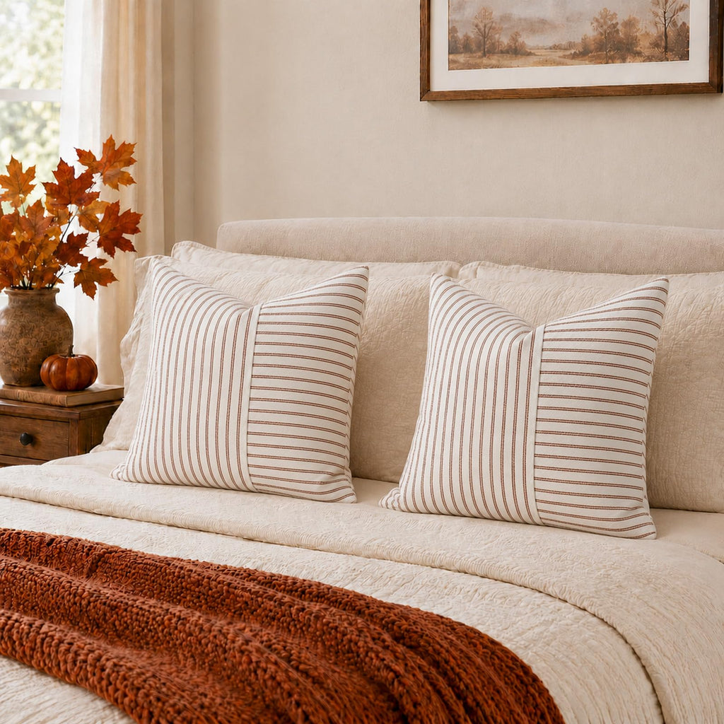 Farmhouse Fall Pillow Covers 26x26, Modern Accent Square Throw Pillow Covers Set of 2, Rust and Beige Striped
