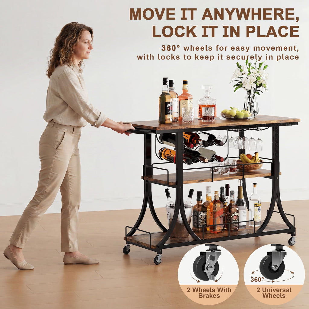 3-Tier Rustic Wooden Bar Cart with Wheels