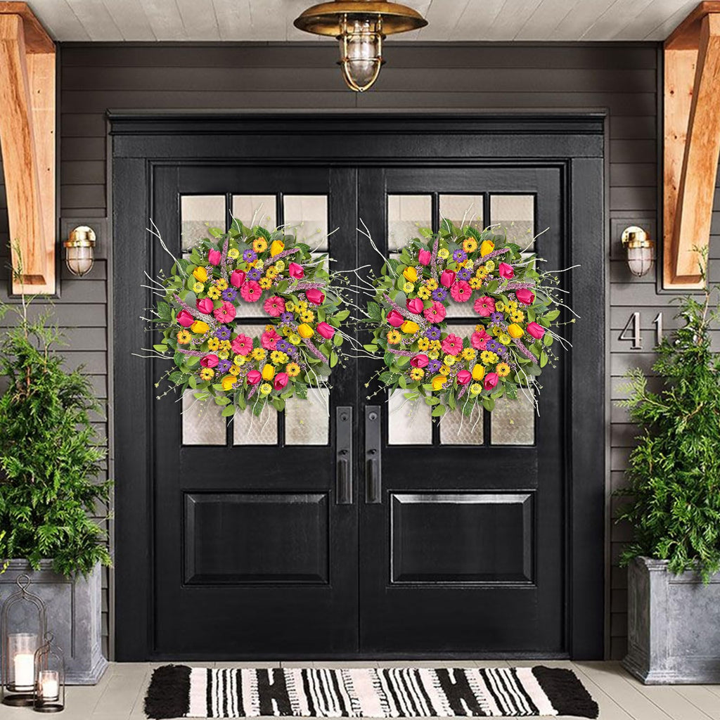 Spring Wreaths for Front Door, 24 Inch Artificial Tulip & Wildflower Floral Wreath, Large Spring Front Door Wreath