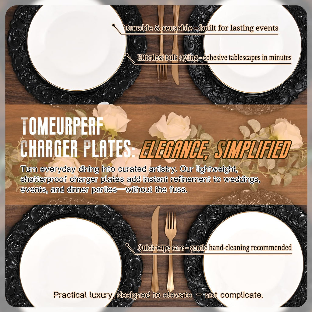 Black Charger Plates Bulk 10Pcs - 13" Black Chargers for Dinner Plates, Floral Embossed Decorative Charger Plate for