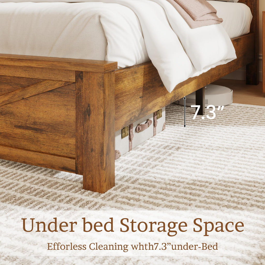 Farmhouse Wood Bed Frame with X-Shaped Panel Headboard, Brown