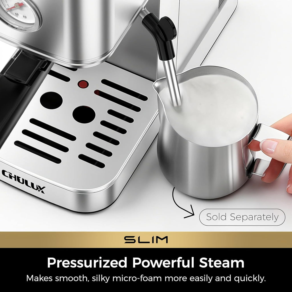 Slim Espresso Machine with Milk Frother Cappuccino & Latte | Precise Pressure Gauge, Food-Grade Materials, 20 Bar