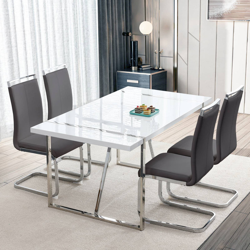 Dining Table Set for 4, White Rectangular MDF Kitchen Table and Leather Dining Chairs Set of 4, 5 Piece Dining Table