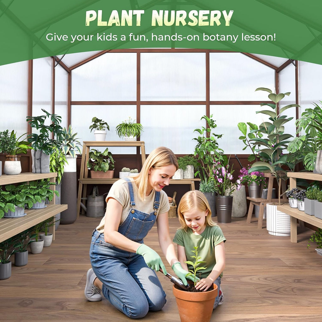 8x10ft Outdoor Greenhouse, Wooden Frame Polycarbonate Greenhouse with Adjustable Roof Vents and Lockable Door Handle