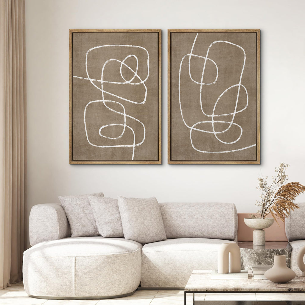 Framed Canvas Print Wall Art Set Geometric Mid-Century Spiral Collage Abstract Shapes Cozy Neutral Minimal Decorative