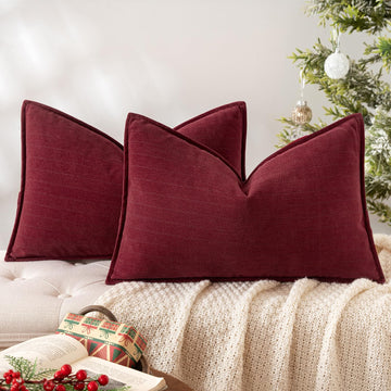 Pack of 2 Christmas Burgundy Lumbar Chenille Pillow Covers 12x20