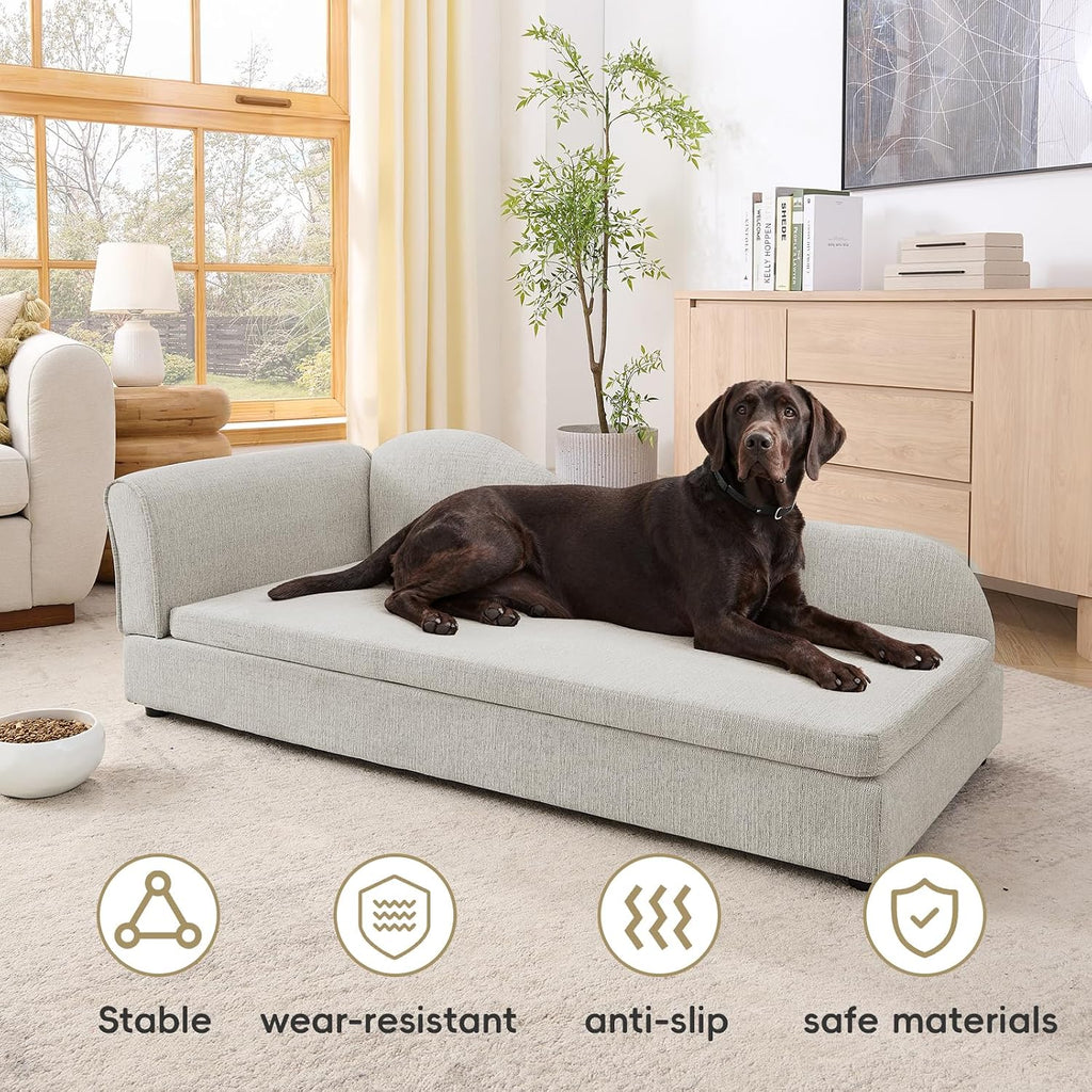 Elevated Dog Couch, Linen Pet Sofa with Wave Backrest & Single Armrest
