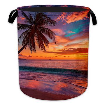 Hamper, Tropical Beach Collapsible Sunset Palm Laundry Baskets Waterproof Oxford Cloth With Handles, Clothes Storage