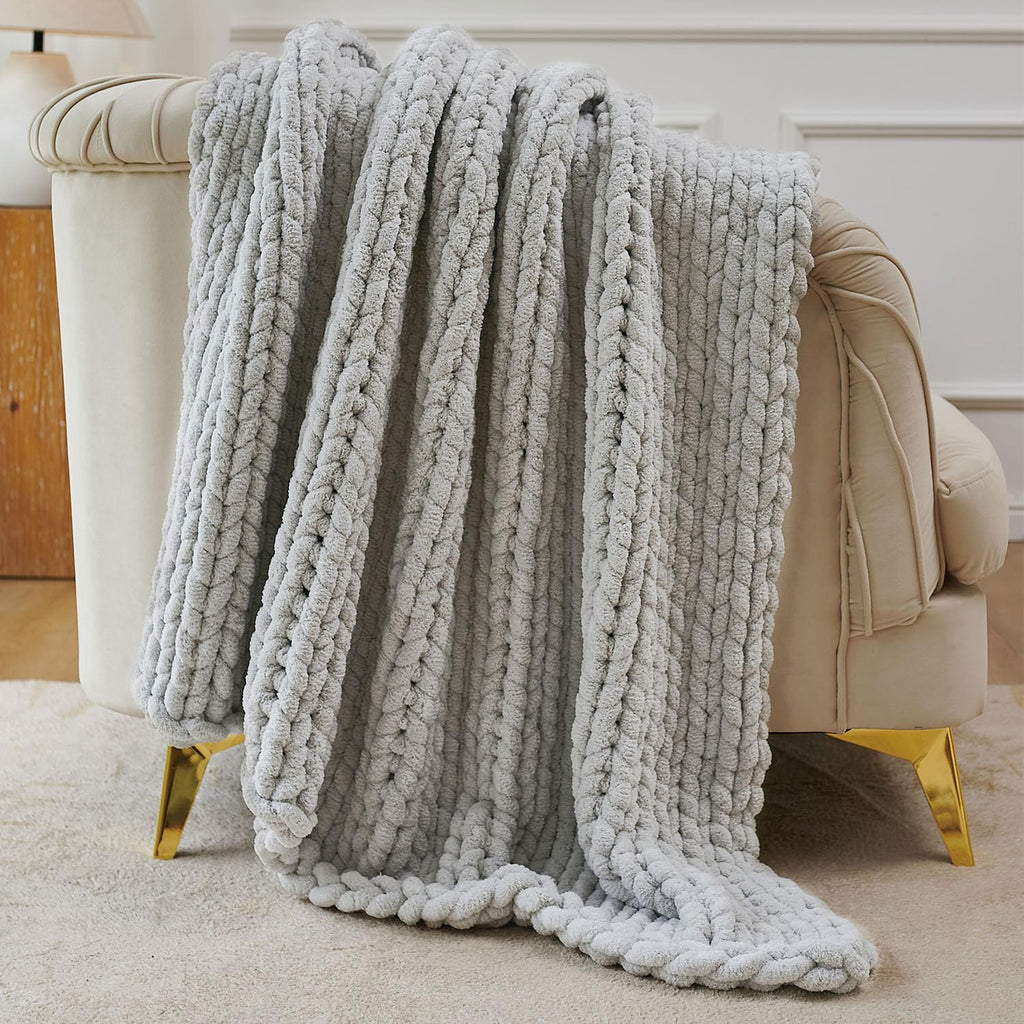 Chunky Knit Throw Blanket Newly Upgraded Heavy Tighter Version, Handmade Chenille Throw Super Soft, Thick Yarn Cable