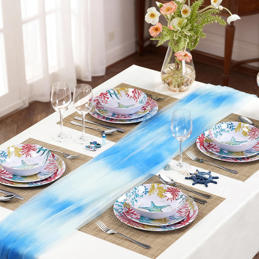 Melamine Dinnerware Set for 4 - 12-Piece Starfish Coral Design Plates and Bowls, Ocean Dishes set, Unbreakable Dinner